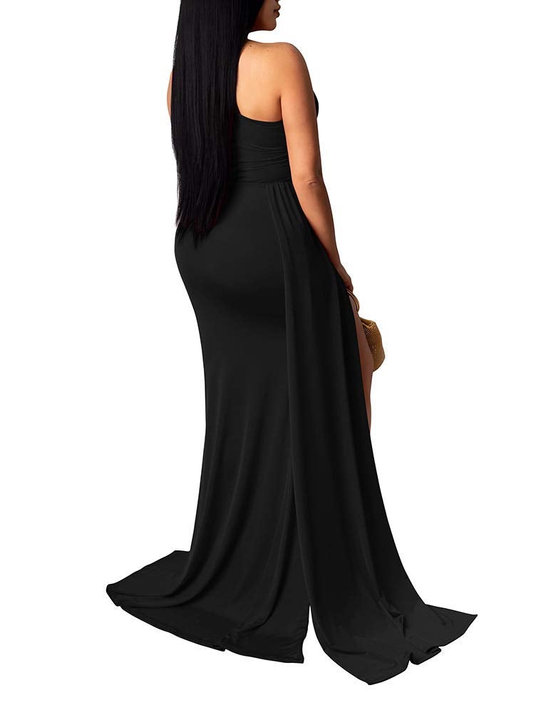 LAGSHIAN Women Sexy Elegant One Shoulder High Split Cutout Long Evening Dress Black - Image 2